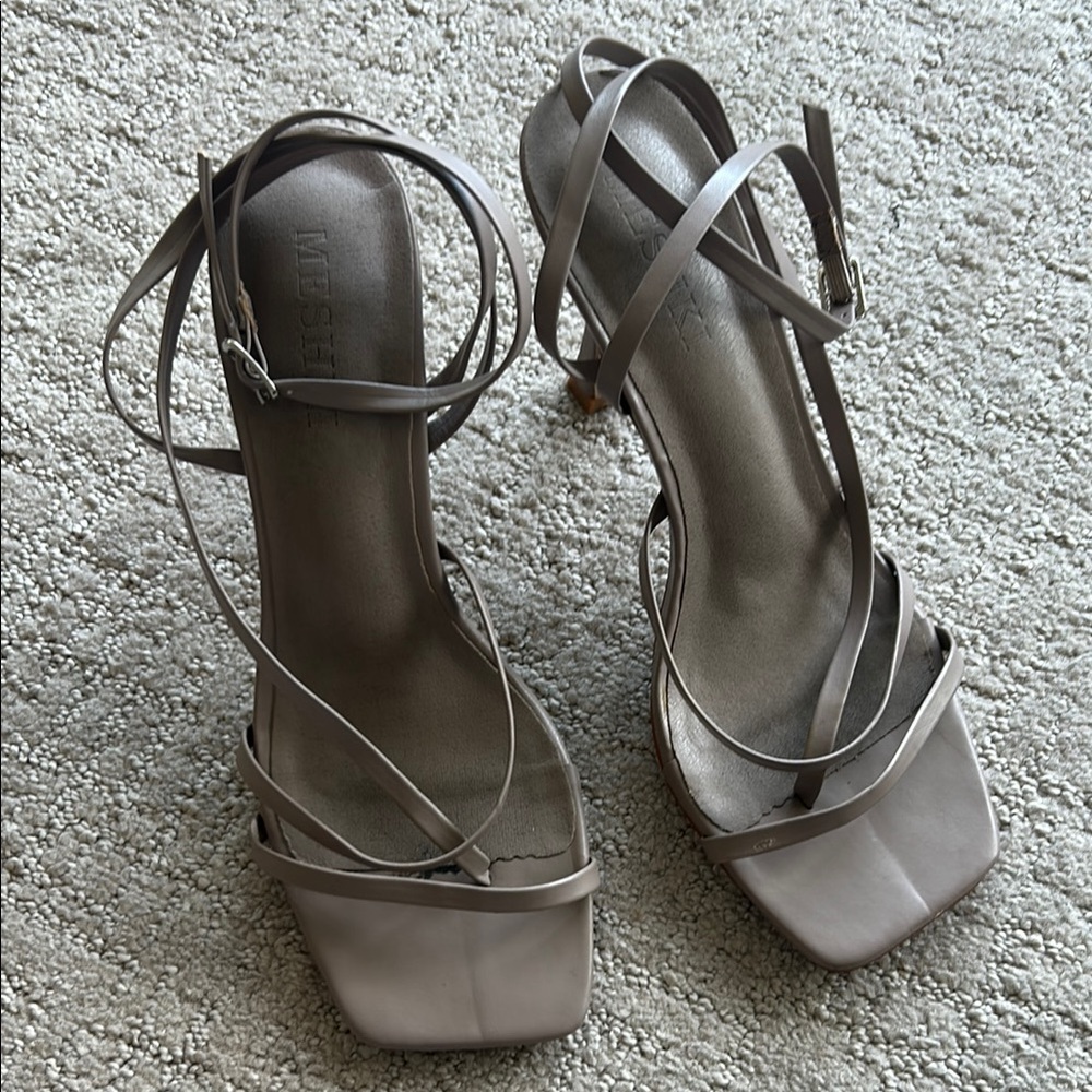 Meshki Brandy Ankle Strap Heels - Taupe
Size: 37 or 6.5